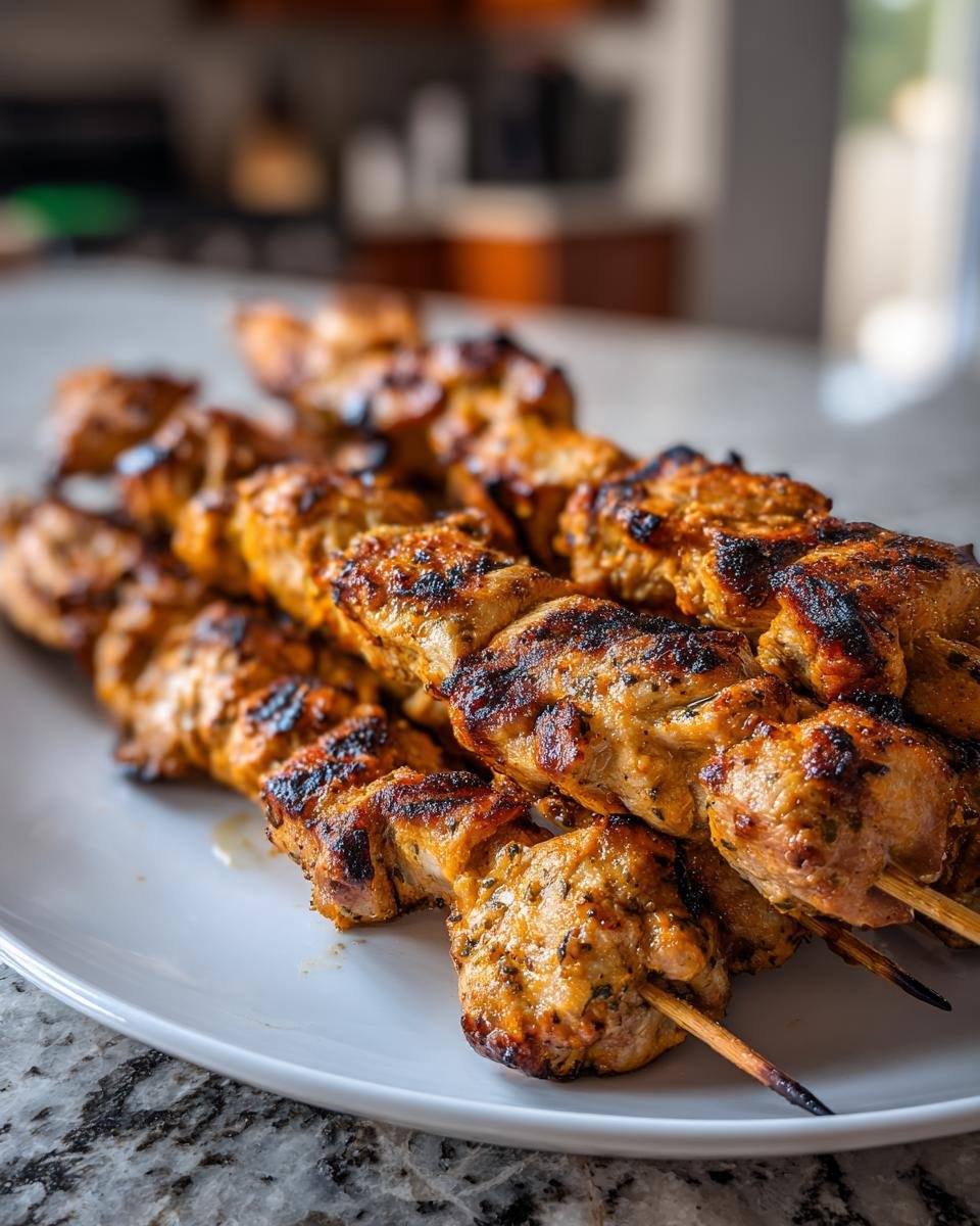 Close-up of Irresistible Chicken Skewers Grilled to perfection on a white plate.