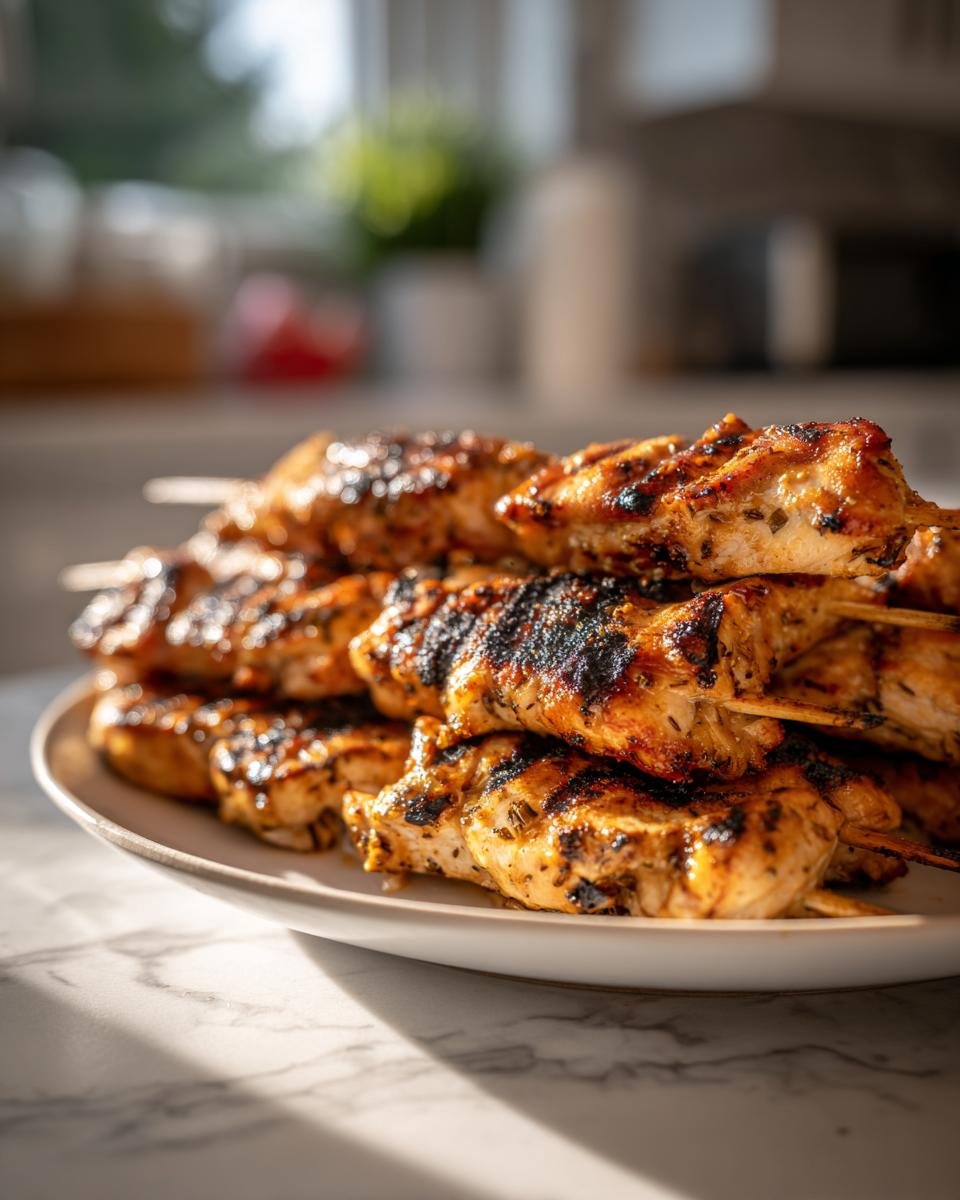 A close-up shot of a stack of irresistible chicken skewers grilled to perfection, with visible grill marks and seasoned chicken.