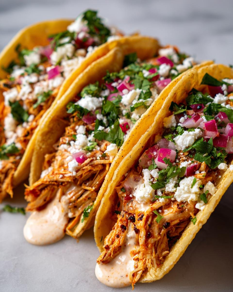 Three Irresistible Chicken Tacos piled high with shredded chicken, crumbled cheese, red onion, and cilantro, drizzled with creamy chipotle sauce.