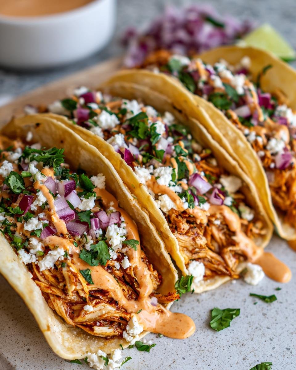 Close-up of Irresistible Chicken Tacos With Creamy Chipotle Sauce, topped with crumbled cheese, red onion, and cilantro.
