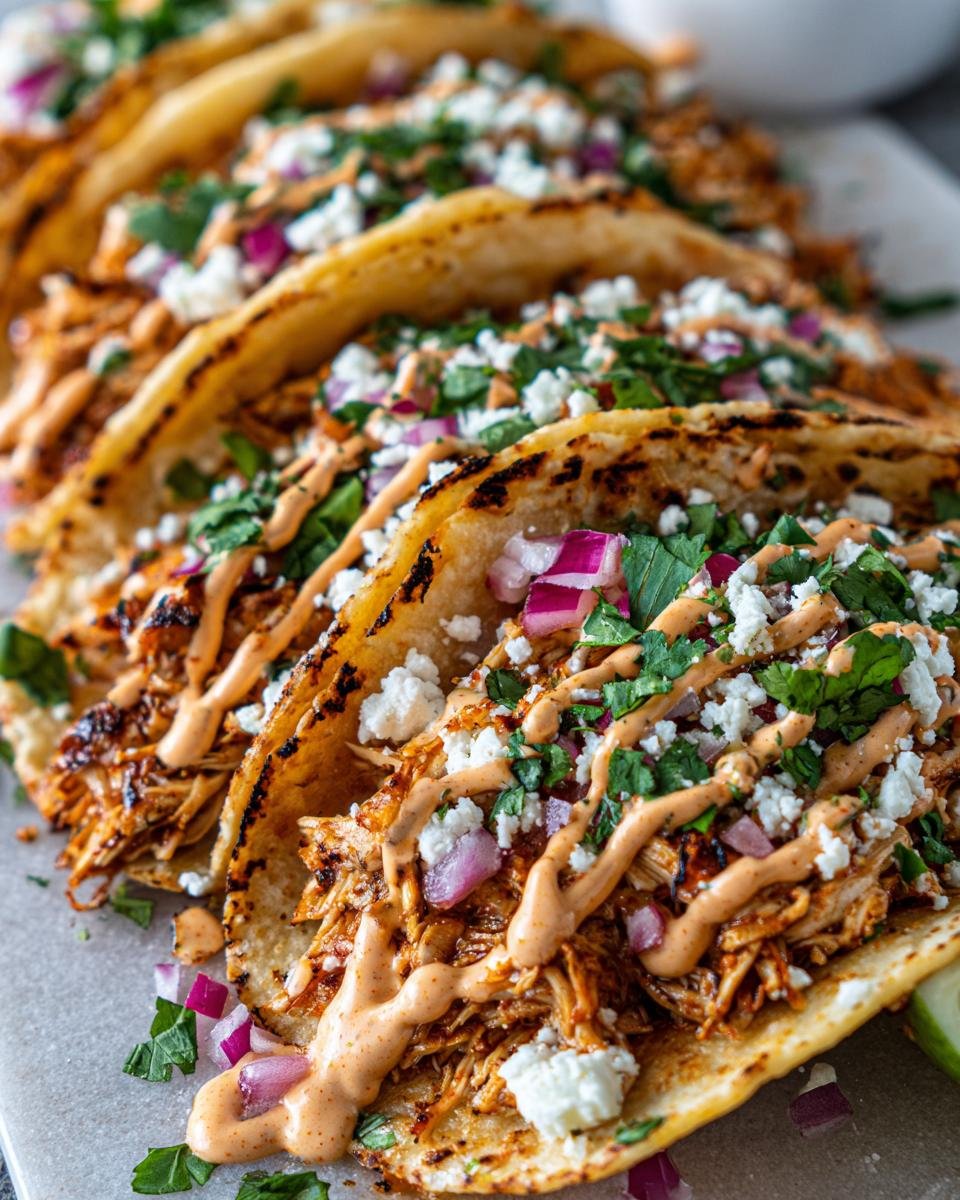 Close-up of irresistible chicken tacos topped with creamy chipotle sauce, crumbled cheese, and cilantro.