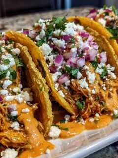 Close-up of Irresistible Chicken Tacos topped with crumbled white cheese, red onion, and cilantro, drizzled with creamy chipotle sauce.