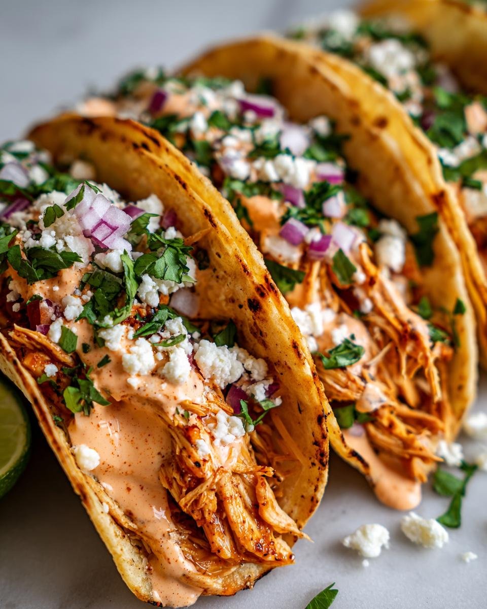 Close-up of Irresistible Chicken Tacos With Creamy Chipotle Sauce, topped with crumbled cheese, red onion, and cilantro.