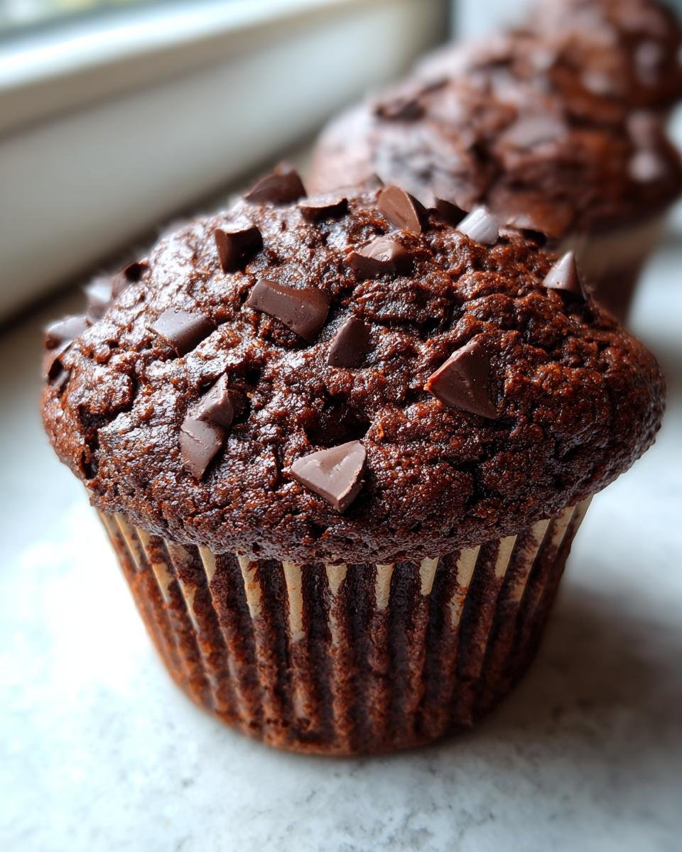 Close-up of a freshly baked Irresistible Chocolate Chocolate Chip Muffin topped with chocolate chunks.