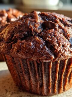 Close-up of an Irresistible Chocolate Chocolate Chip Muffin, showcasing rich chocolate flavor and melted chocolate chips.