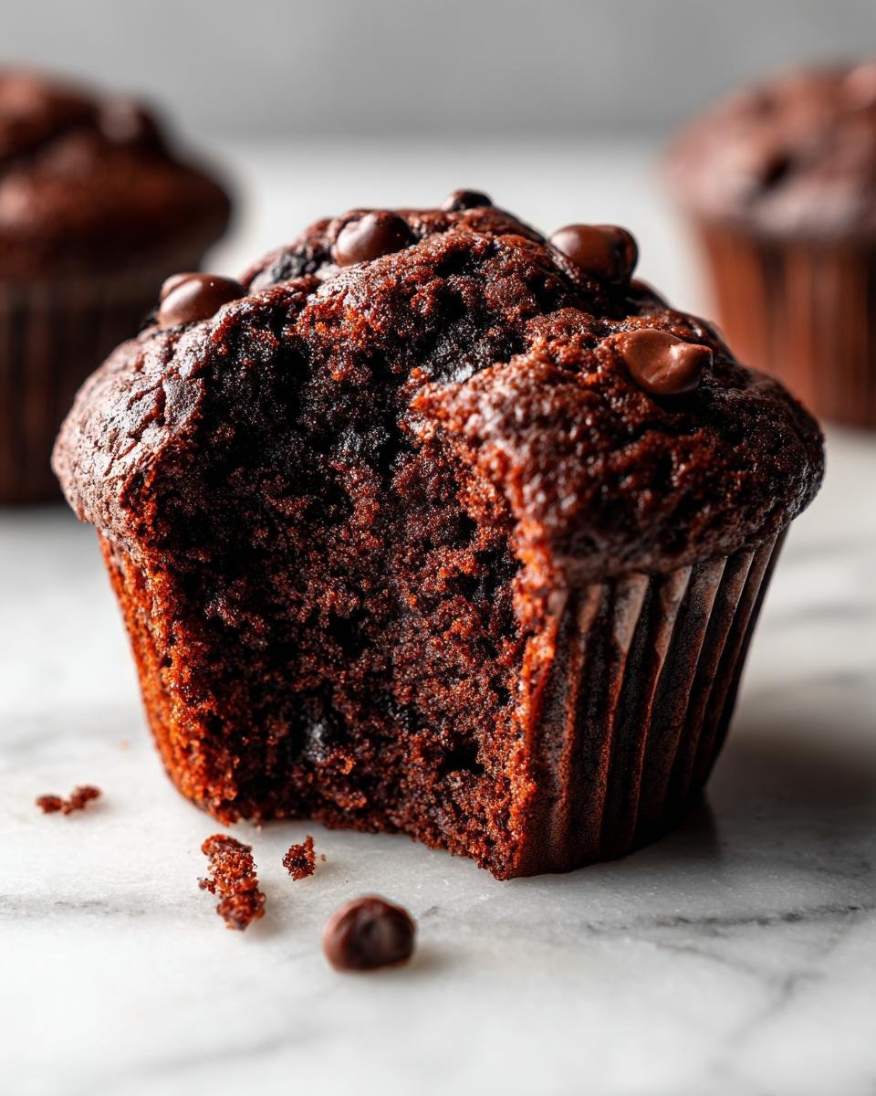 Close-up of a bitten Irresistible Chocolate Chocolate Chip Muffin with chocolate chips visible.