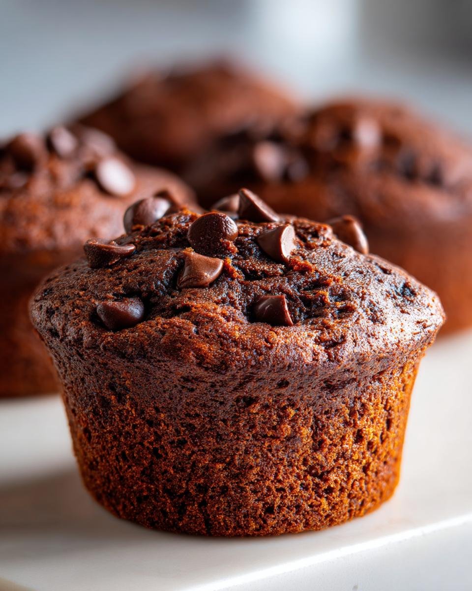 Close-up of an Irresistible Chocolate Chocolate Chip Muffin topped with chocolate chips.