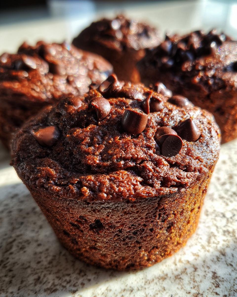 Close-up of Irresistible Chocolate Chocolate Chip Muffins, topped with chocolate chips.