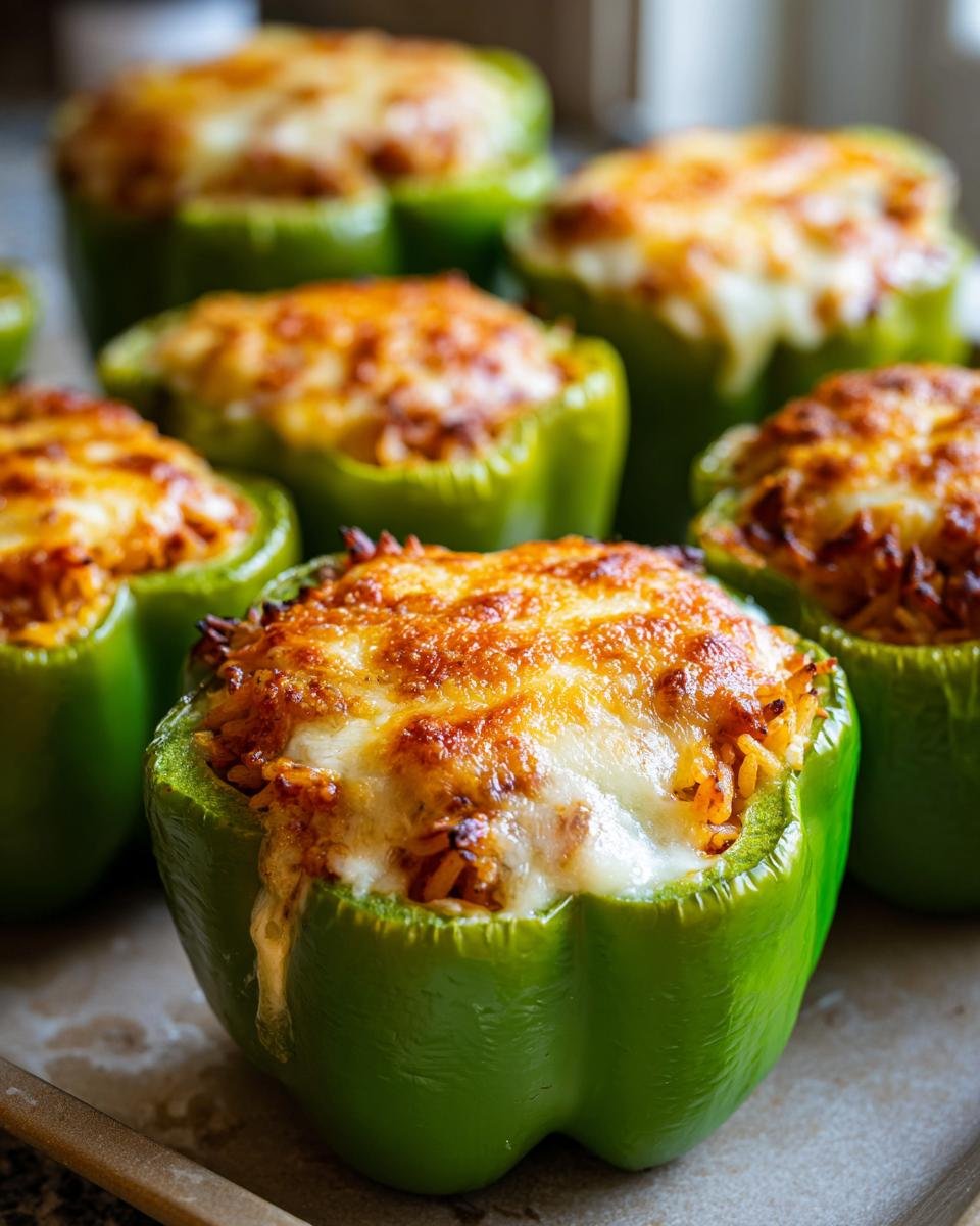 Close-up of green bell peppers stuffed with rice and topped with melted, golden-brown cheese.