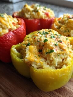 Four halves of colorful bell peppers stuffed with a creamy rice mixture and topped with melted cheese and herbs.