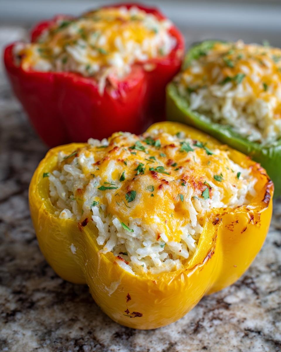 Close-up of a yellow bell pepper stuffed with rice and cream cheese mixture, topped with melted cheese and parsley.