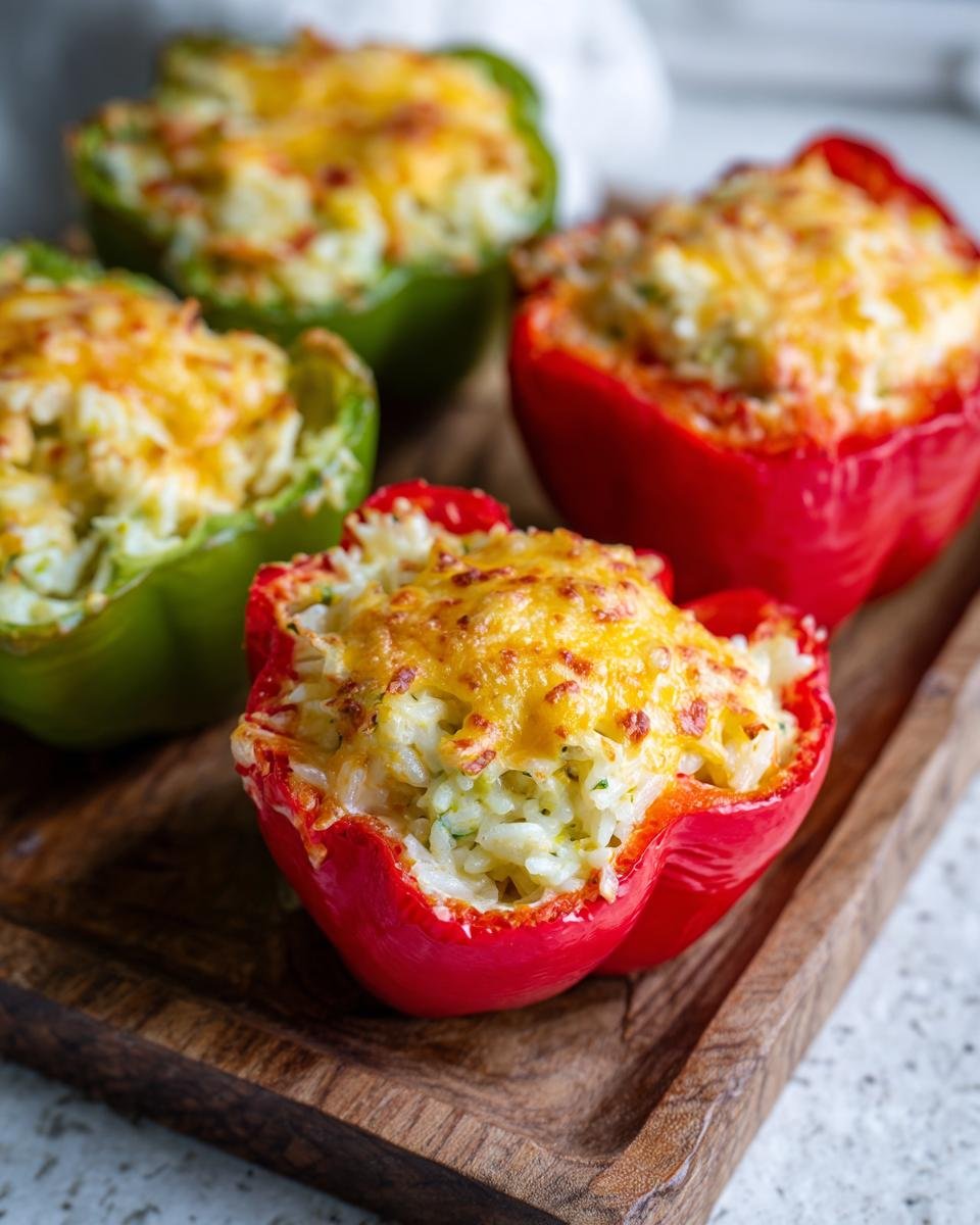 Four halves of Irresistible Cream Cheese Stuffed Peppers, baked with a golden cheese topping, served on a wooden platter.