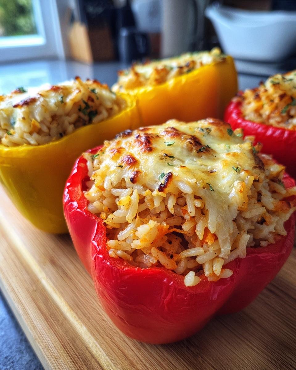 Close-up of red and yellow bell peppers stuffed with rice and topped with melted cheese, part of an Irresistible Cream Cheese Stuffed Peppers Recipe.