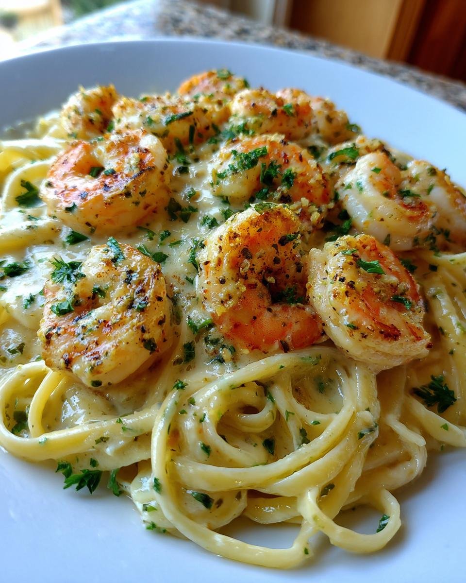 Close-up of Irresistible Creamy Alfredo Shrimp Linguine, featuring perfectly cooked shrimp and linguine pasta in a rich Alfredo sauce, garnished with parsley.