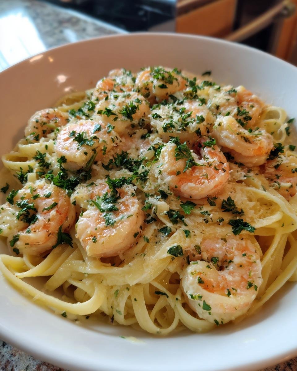 Close-up of Irresistible Creamy Alfredo Shrimp Linguine, featuring plump shrimp and linguine pasta coated in a rich Alfredo sauce, garnished with parsley and Parmesan.
