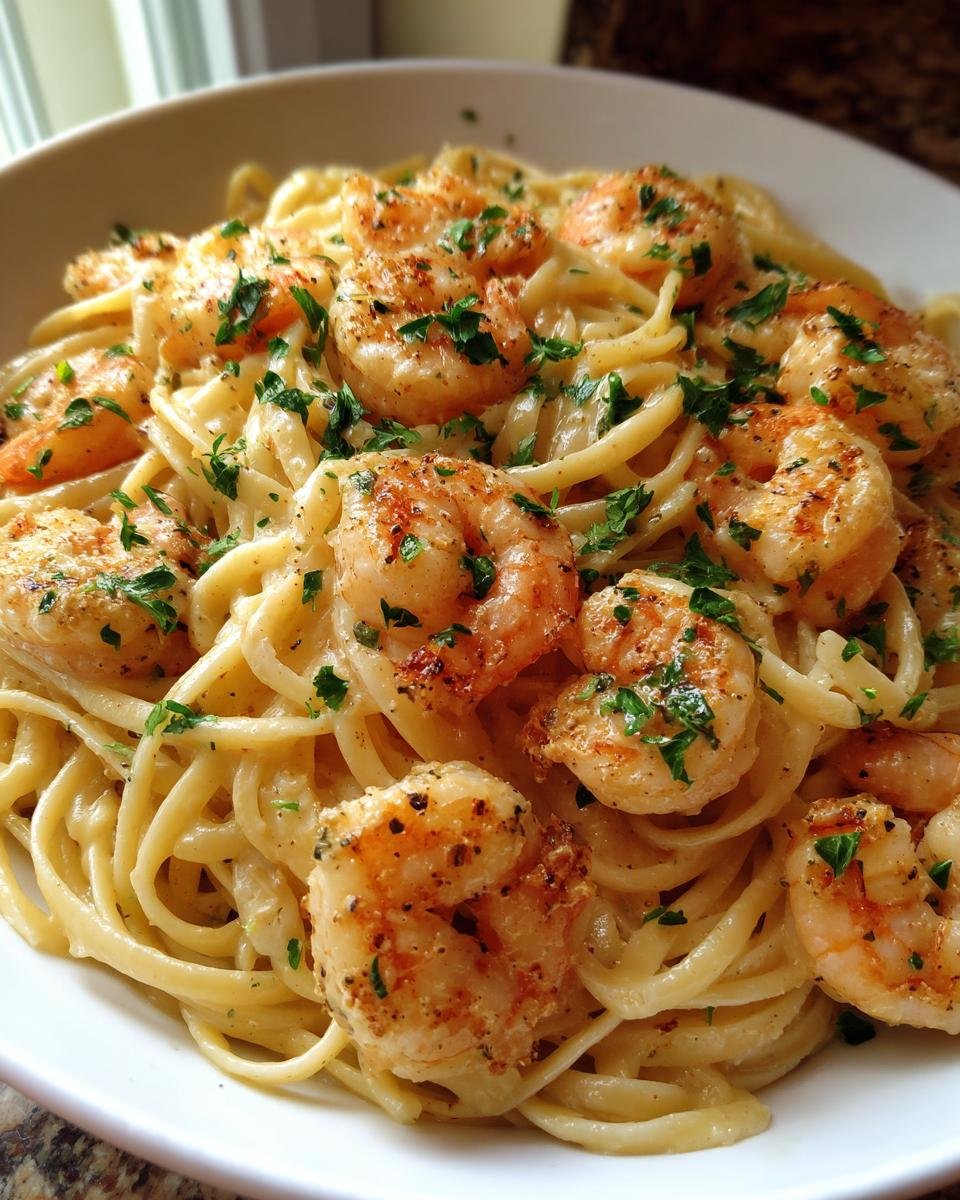 A close-up of Irresistible Creamy Alfredo Shrimp Linguine, featuring plump shrimp and linguine pasta coated in a rich alfredo sauce, garnished with parsley.