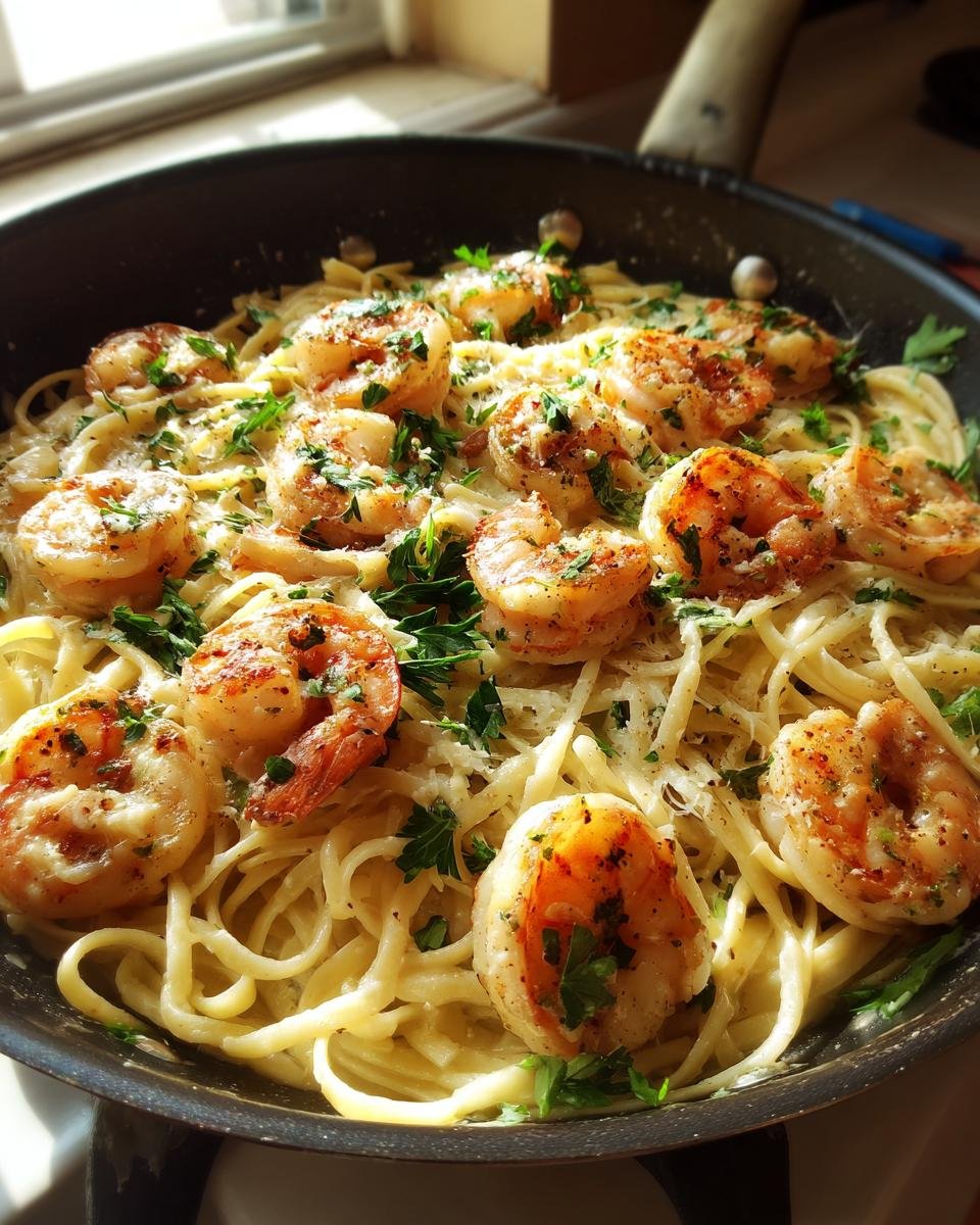 A close-up of Irresistible Creamy Alfredo Shrimp Linguine served in a black pan, garnished with parsley and Parmesan cheese.