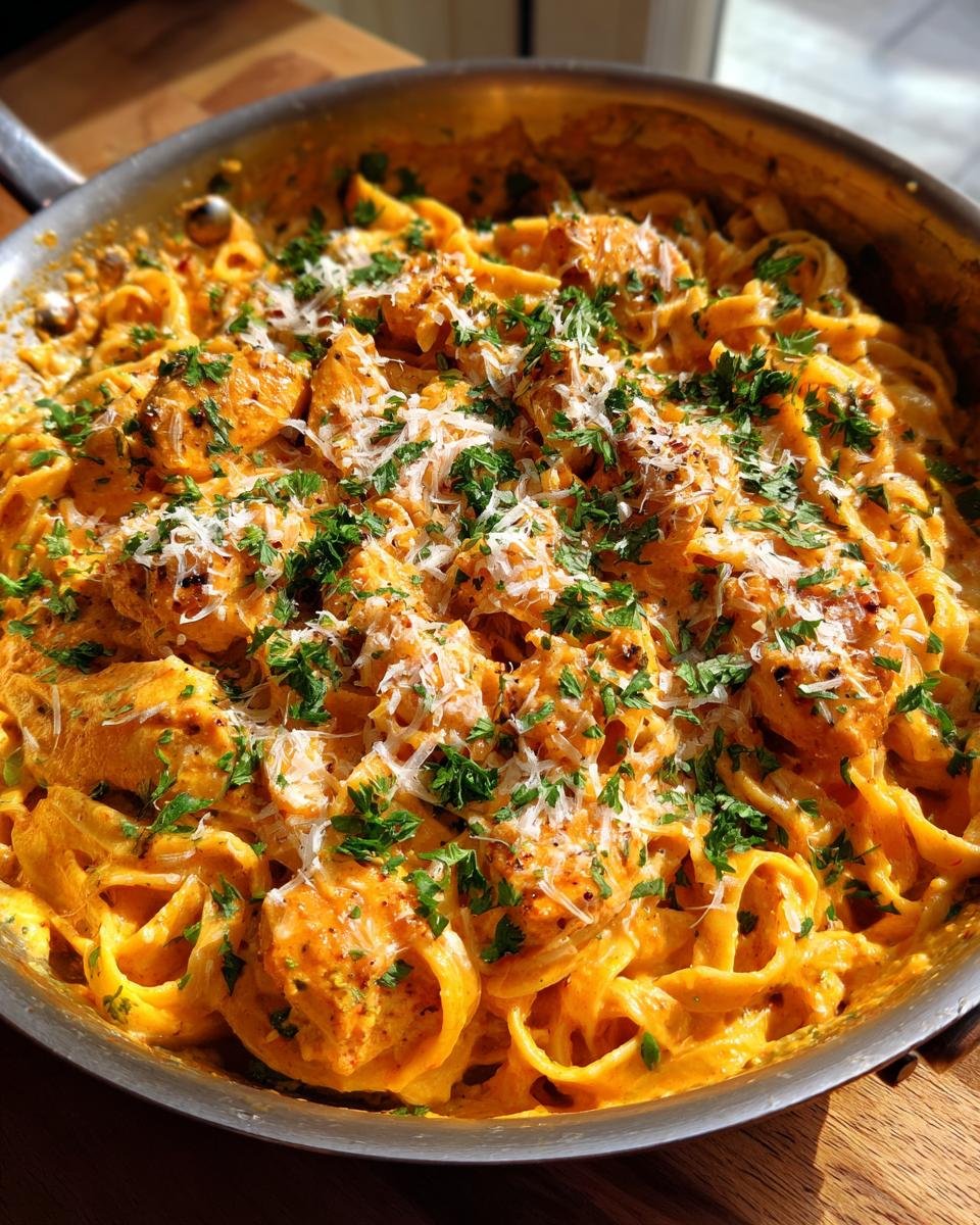Close-up of Irresistible Creamy Cajun Chicken Pasta Skillet topped with grated Parmesan and fresh parsley.