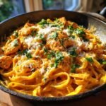 Close-up of Irresistible Creamy Cajun Chicken Pasta Skillet in a cast iron pan, topped with fresh parsley and grated cheese.