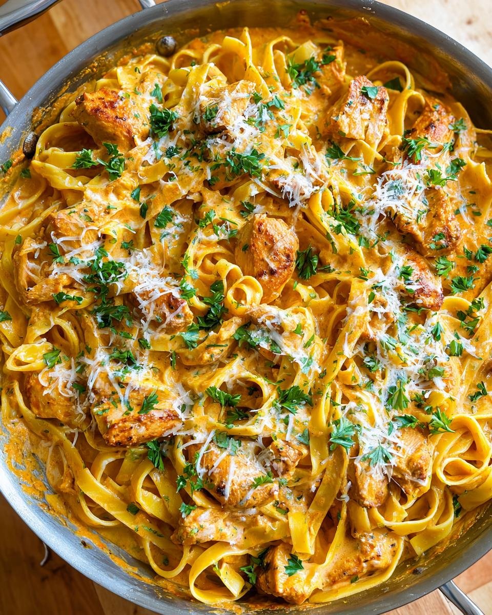 Close-up of Irresistible Creamy Cajun Chicken Pasta Skillet, featuring fettuccine noodles, seasoned chicken pieces, and a rich, orange sauce, garnished with parsley and Parmesan.