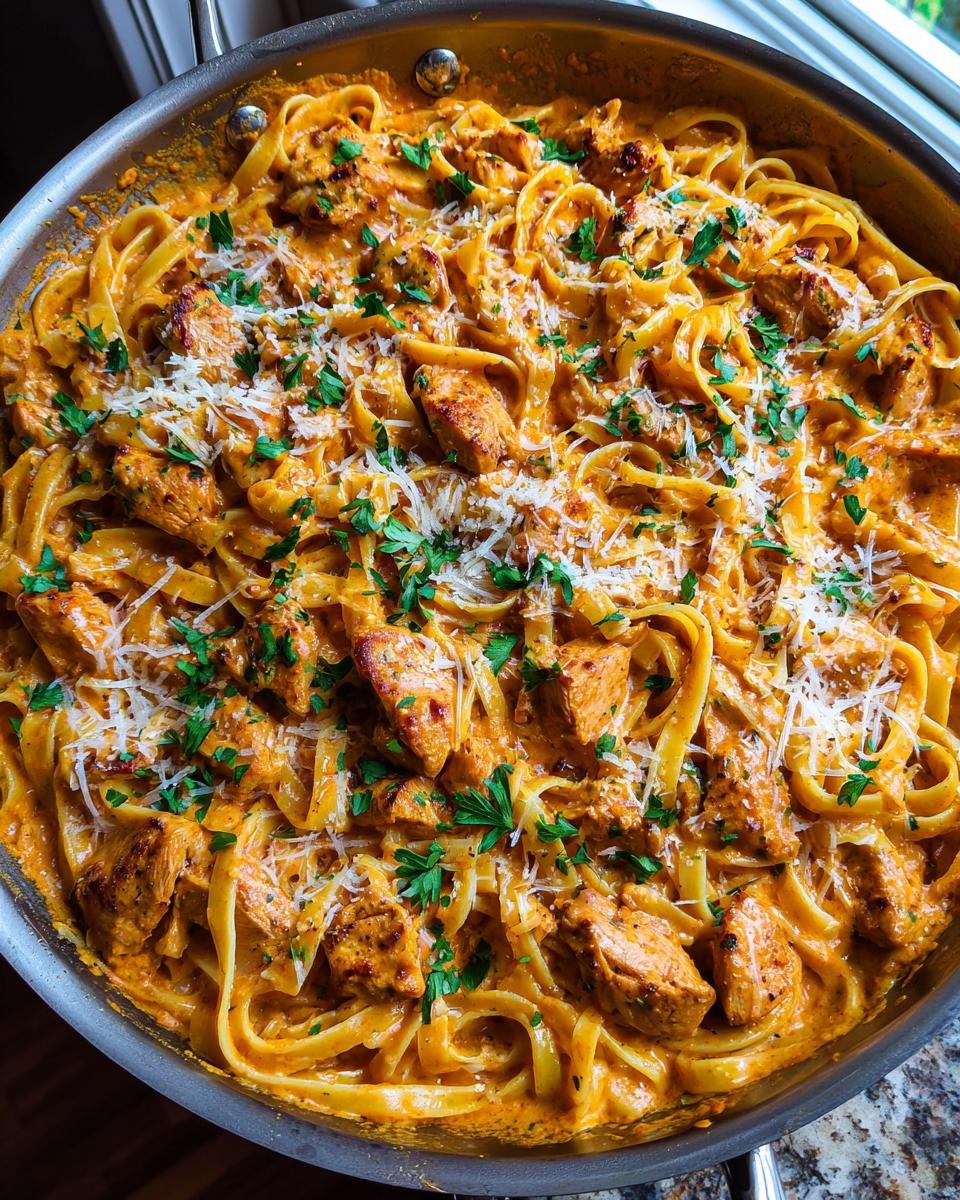 A close-up of Irresistible Creamy Cajun Chicken Pasta Skillet in a pan, topped with grated cheese and parsley.