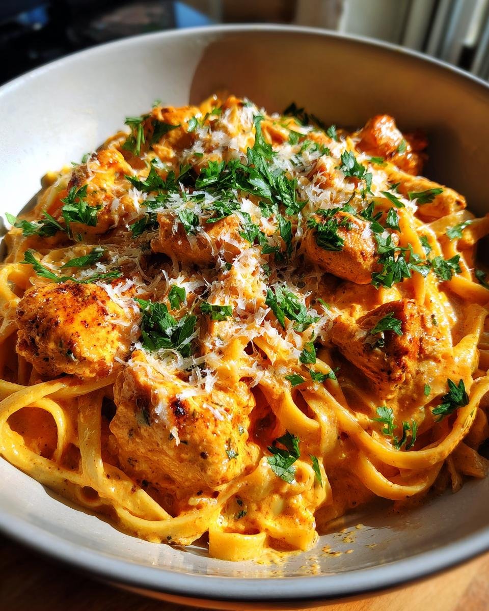 Close-up of Irresistible Creamy Cajun Chicken Pasta Skillet topped with parmesan and parsley.