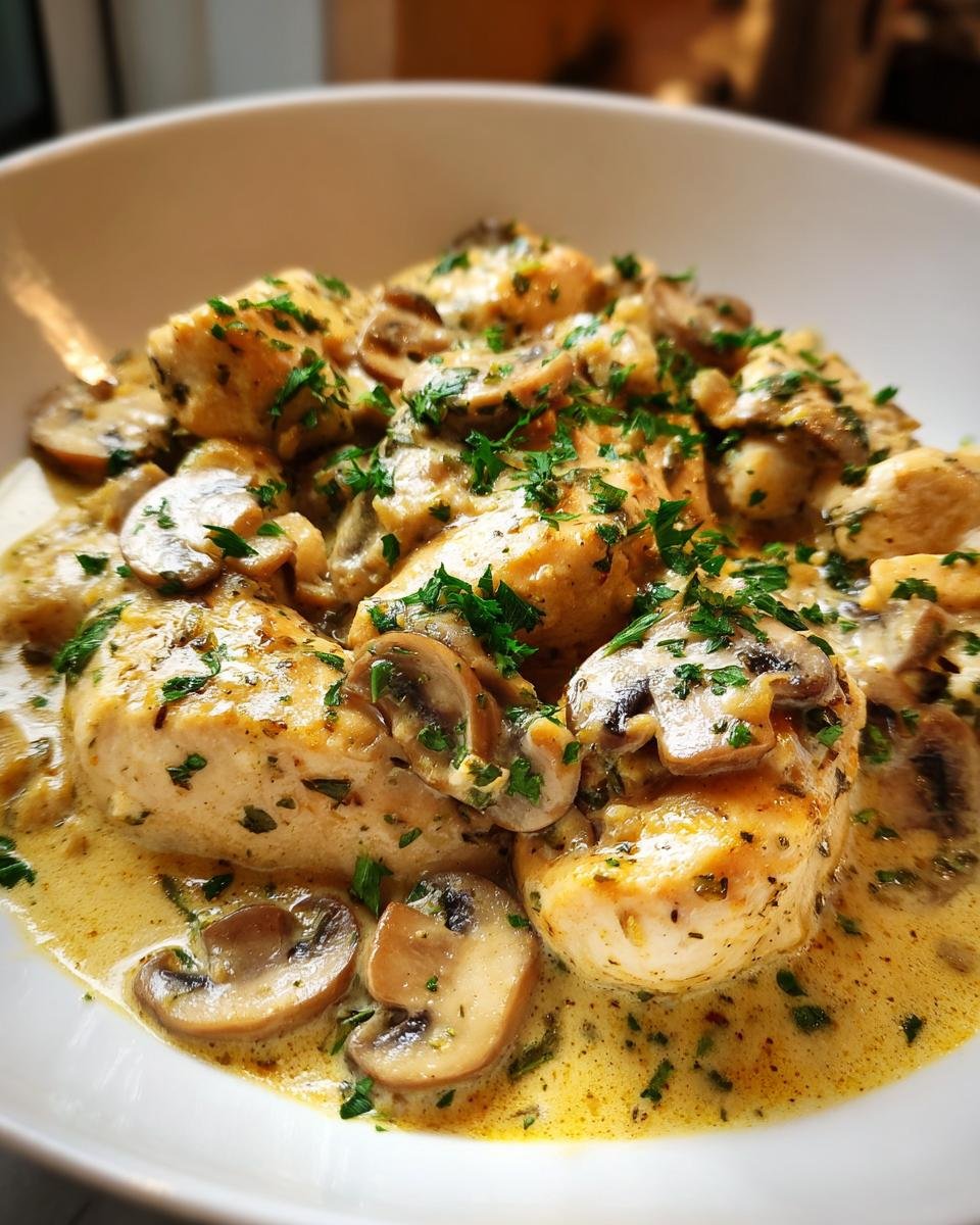 Close-up of Irresistible Creamy Garlic Mushroom Chicken, garnished with fresh parsley.