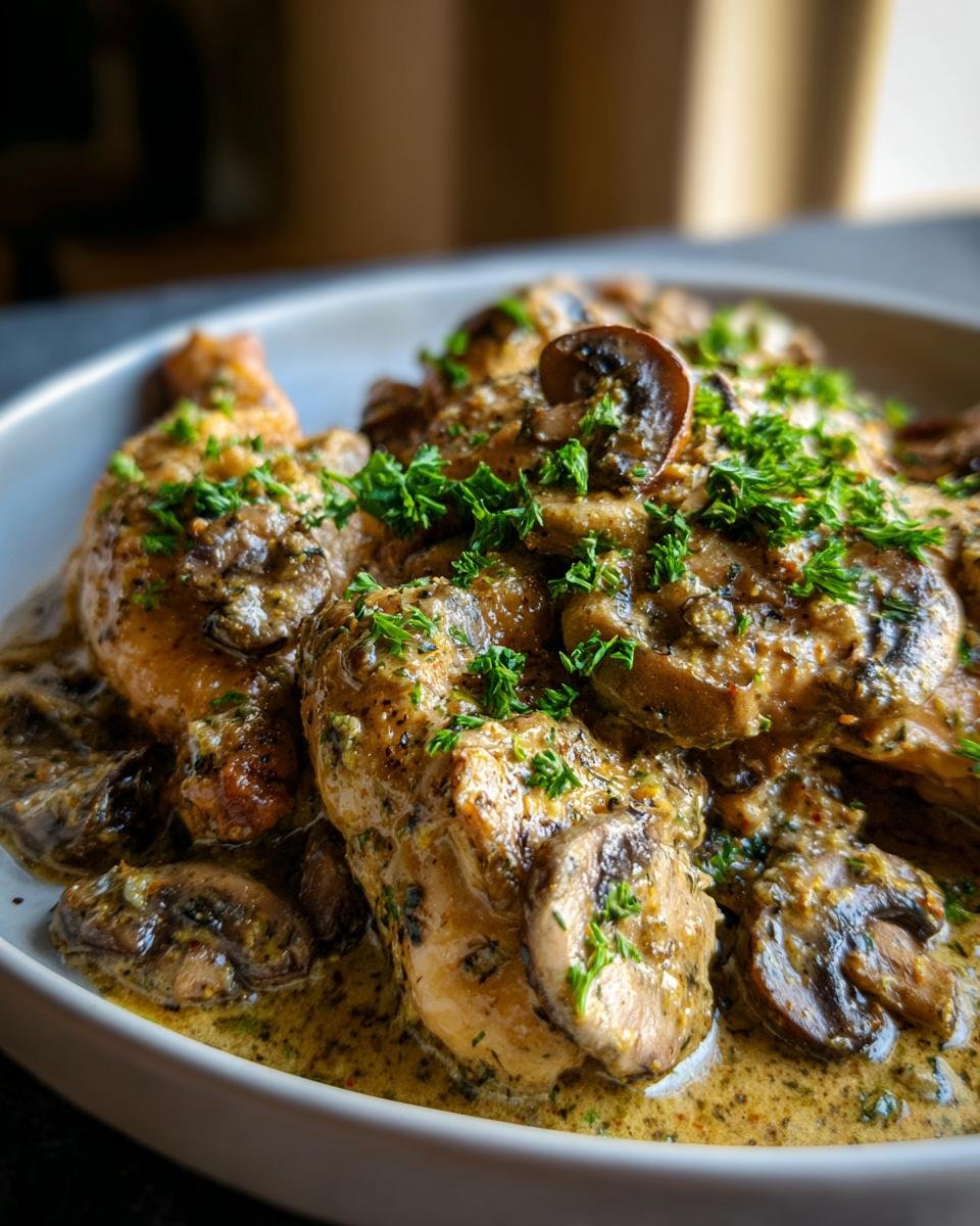Close-up of Irresistible Creamy Garlic Mushroom Chicken, garnished with fresh parsley, in a rich sauce.