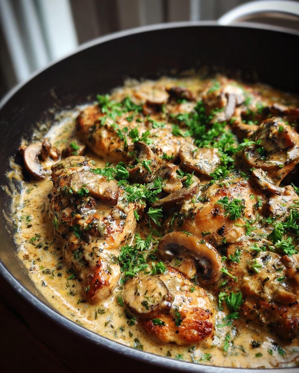 Close-up of Irresistible Creamy Garlic Mushroom Chicken cooked in a pan, garnished with fresh parsley.