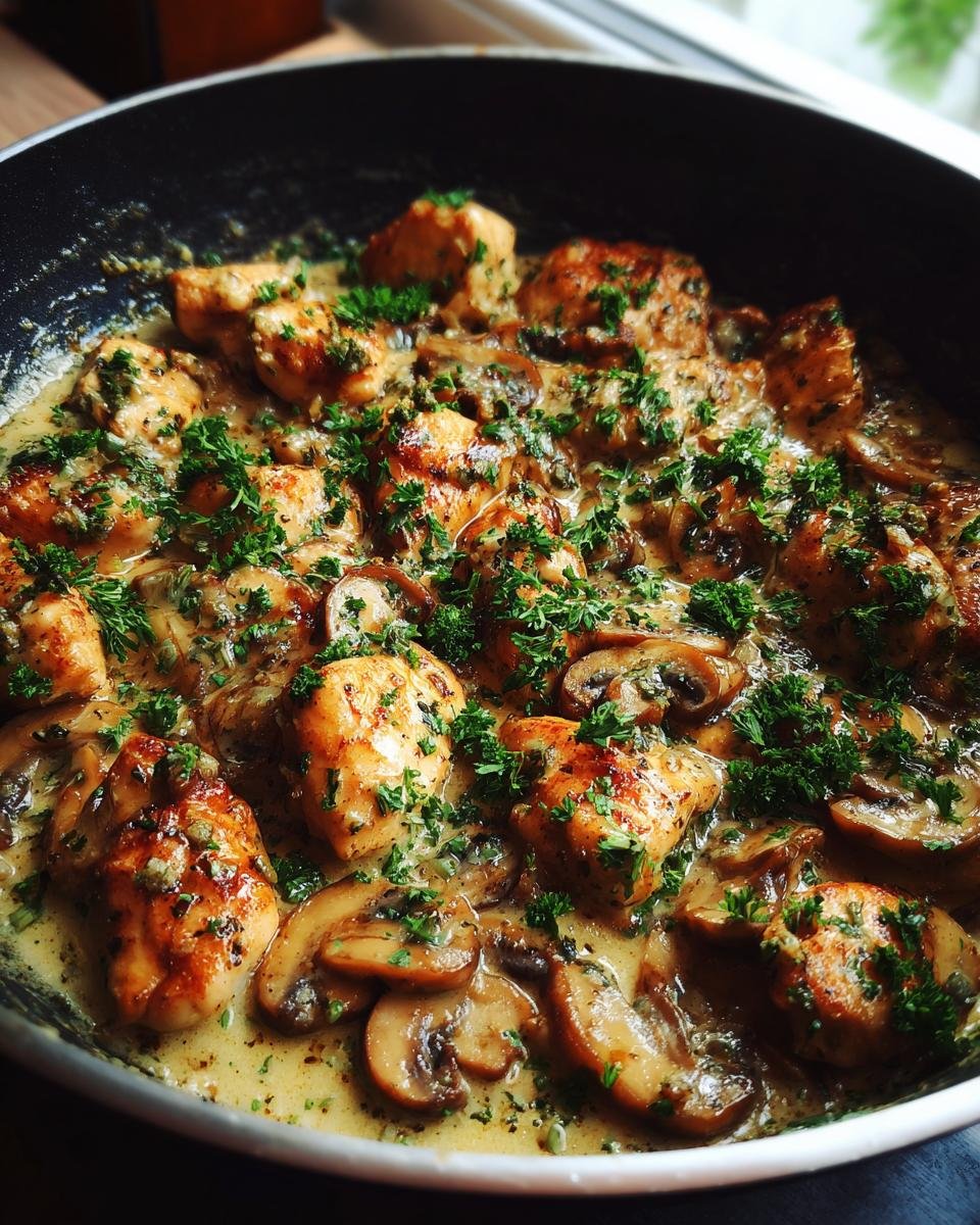 Close-up of Irresistible Creamy Garlic Mushroom Chicken cooked in a pan with fresh parsley garnish.