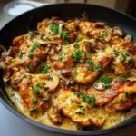 Close-up of Irresistible Creamy Garlic Mushroom Chicken in a black skillet, garnished with fresh parsley.