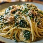 A close-up of Irresistible Creamy Spinach Chicken Pasta, featuring spaghetti coated in a rich sauce with spinach and chicken pieces.