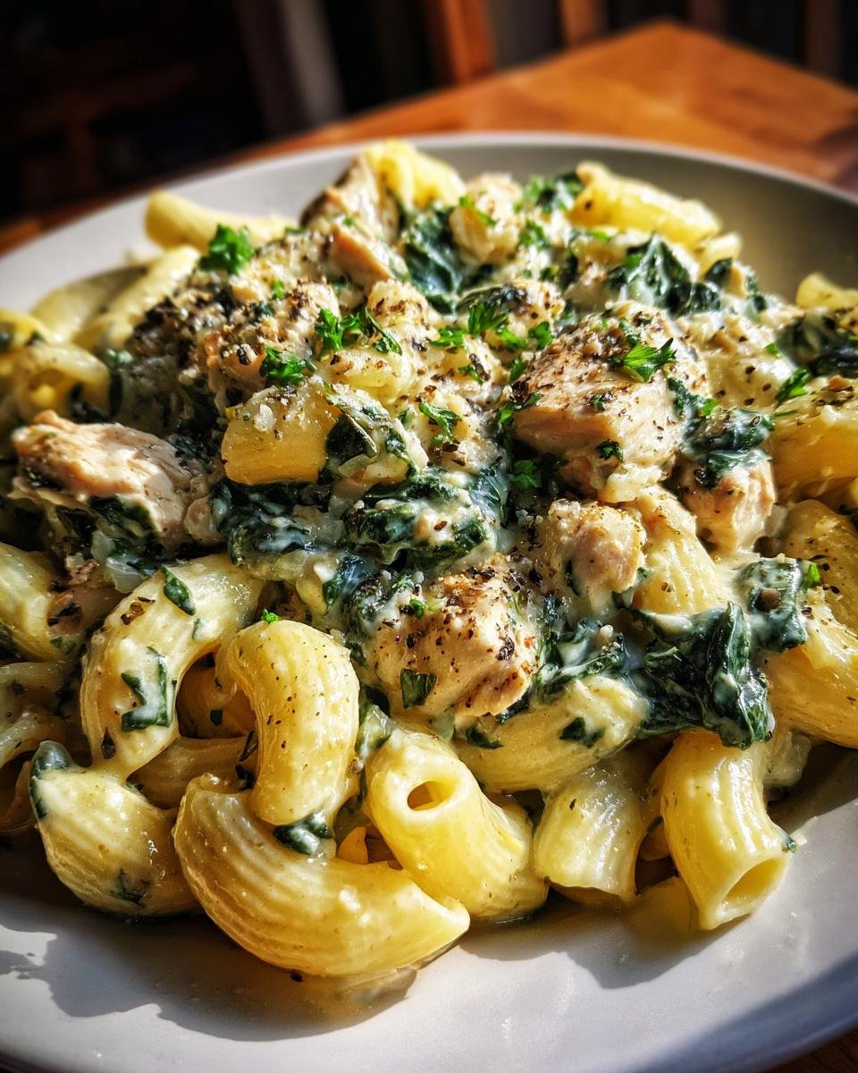 A close-up of Irresistible Creamy Spinach Chicken Pasta, featuring pasta, chicken, and spinach in a rich sauce, garnished with parsley.