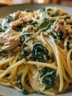 A close-up of Irresistible Creamy Spinach Chicken Pasta, featuring spaghetti coated in a rich sauce with spinach and chicken pieces.