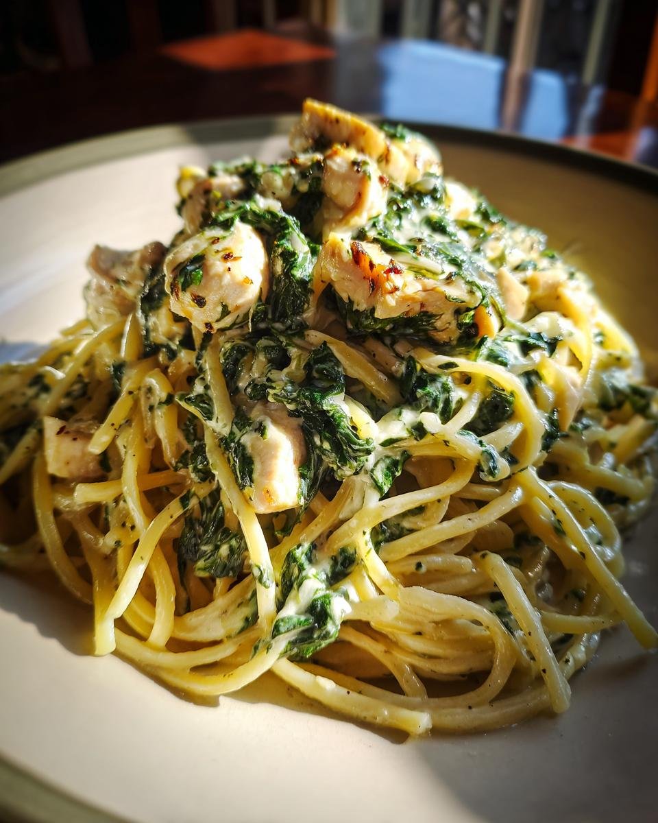 A close-up of Irresistible Creamy Spinach Chicken Pasta, featuring tender chicken pieces and wilted spinach in a rich, creamy sauce coating spaghetti.