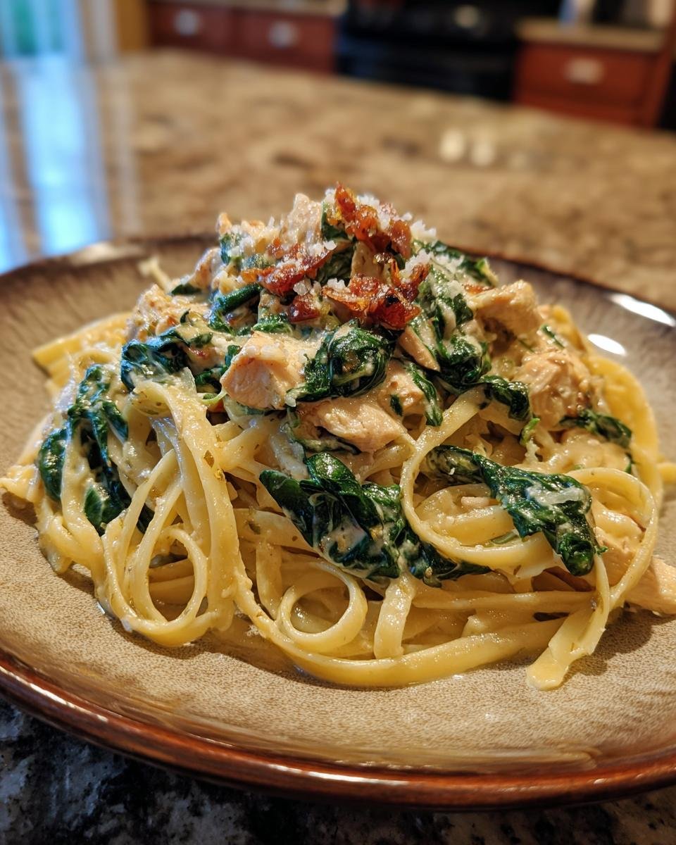 Close-up of Irresistible Creamy Spinach Chicken Pasta with fettuccine, chicken, spinach, and crispy bacon bits.