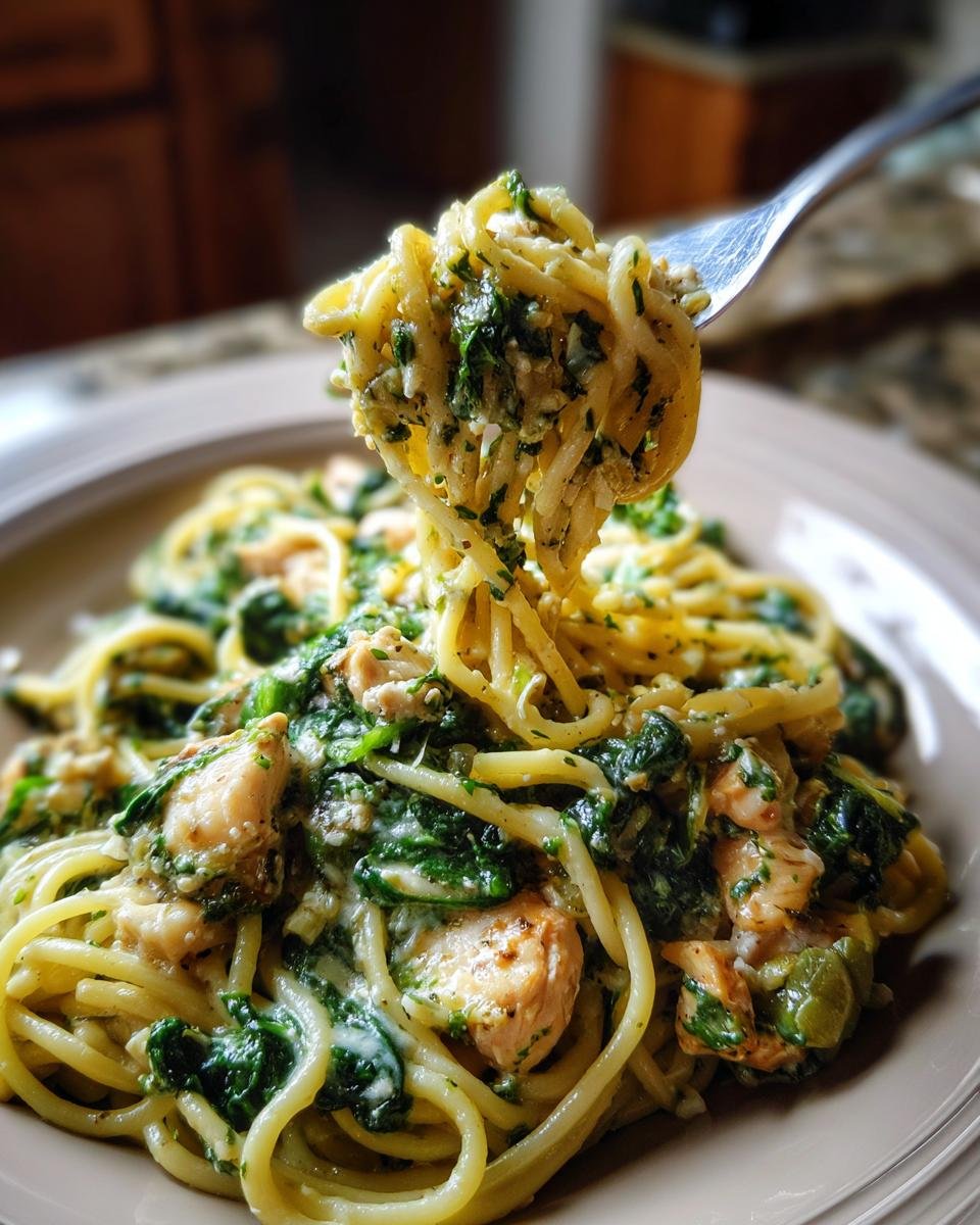 A fork lifts a swirl of Irresistible Creamy Spinach Chicken Pasta, showcasing tender chicken, vibrant spinach, and creamy sauce.