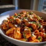 A close-up of Irresistible Creamy Tomato Basil Chicken Pasta in a white bowl, topped with fresh basil and Parmesan cheese.