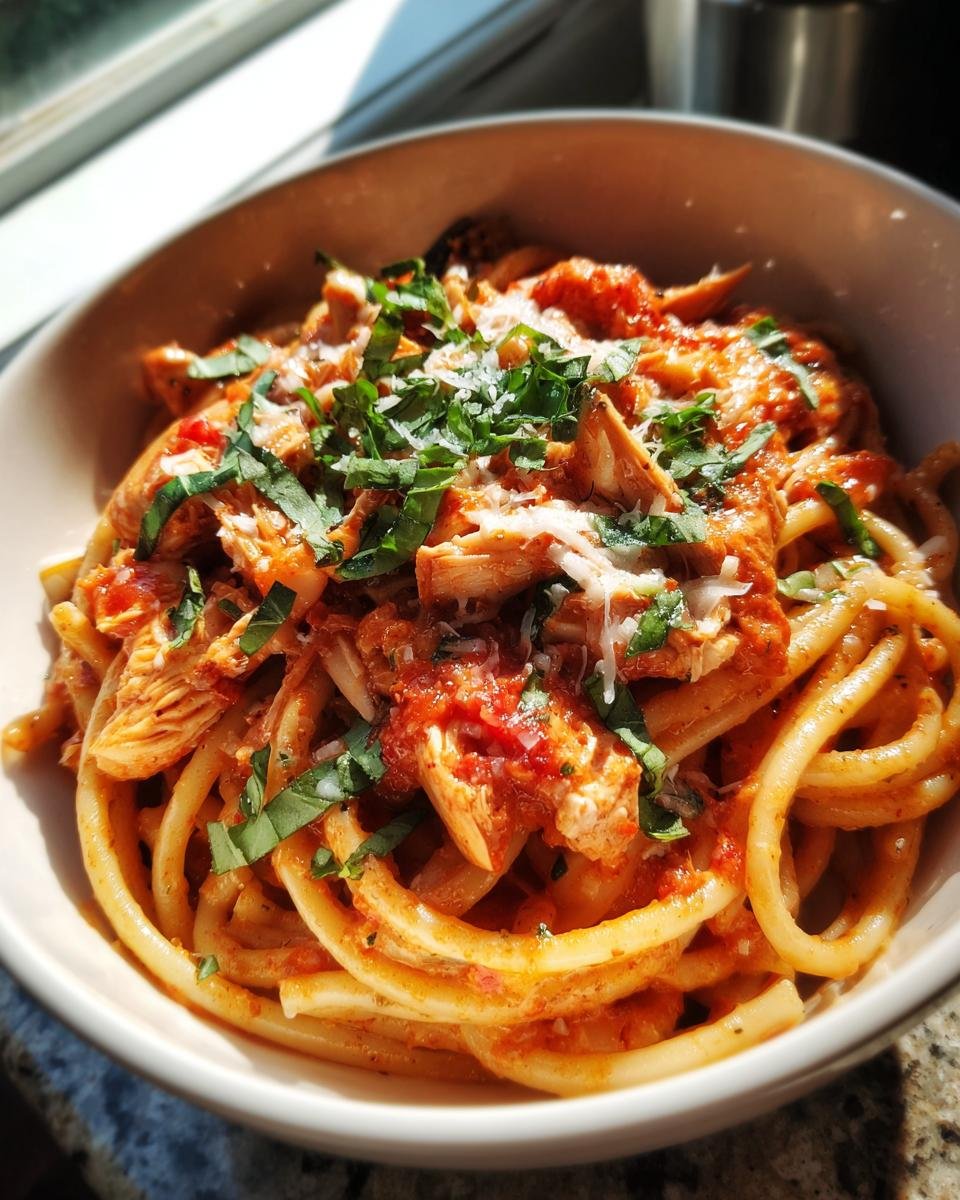 A bowl of Irresistible Creamy Tomato Basil Chicken Pasta topped with shredded chicken, tomato sauce, and fresh basil.