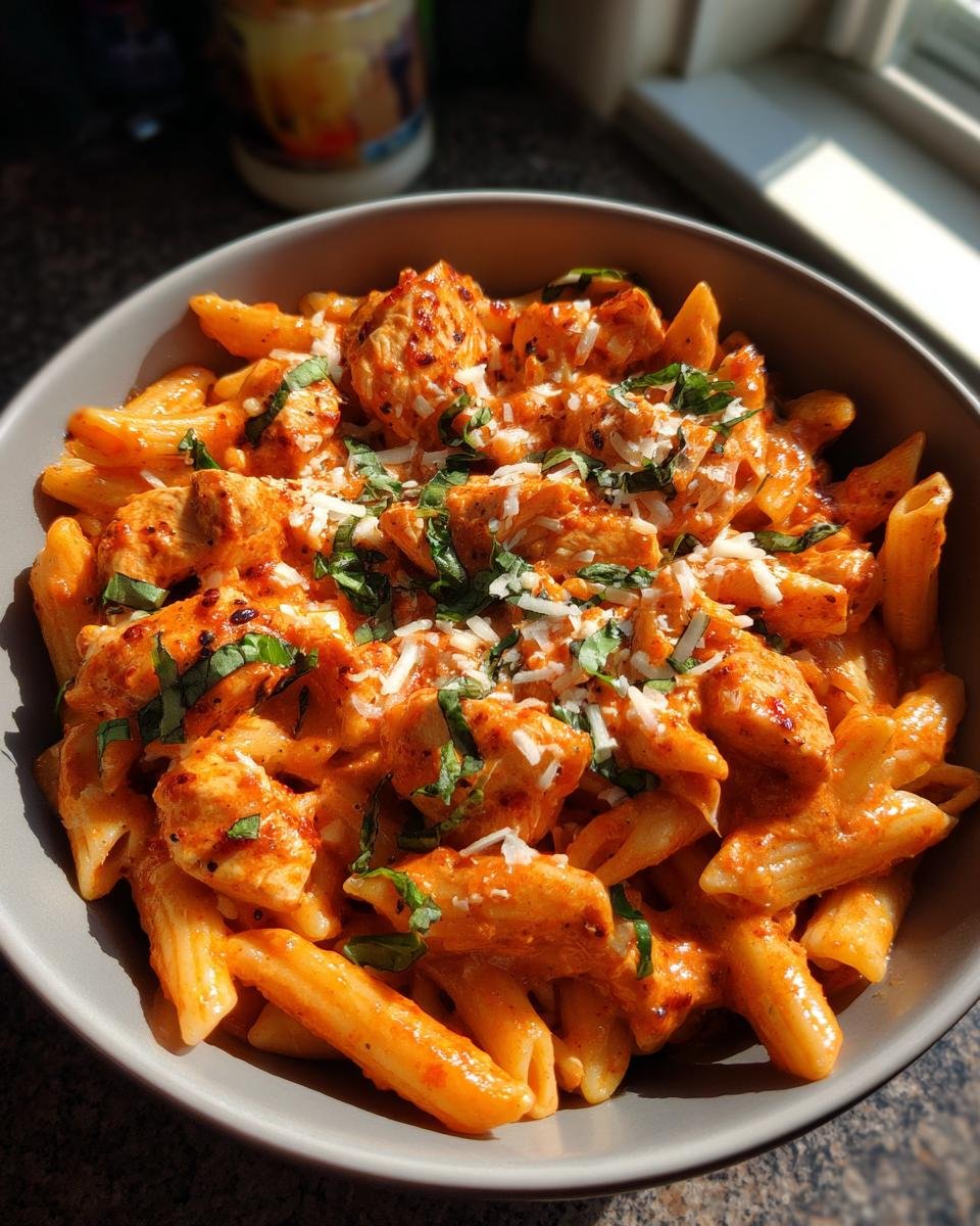 A close-up of Irresistible Creamy Tomato Basil Chicken Pasta in a bowl, topped with fresh basil and grated cheese.