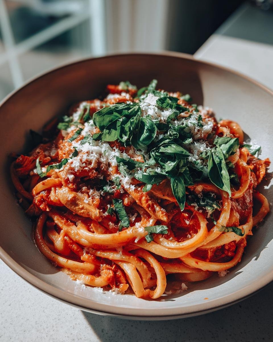 A close-up of Irresistible Creamy Tomato Basil Chicken Pasta in a bowl, topped with fresh basil and grated cheese.