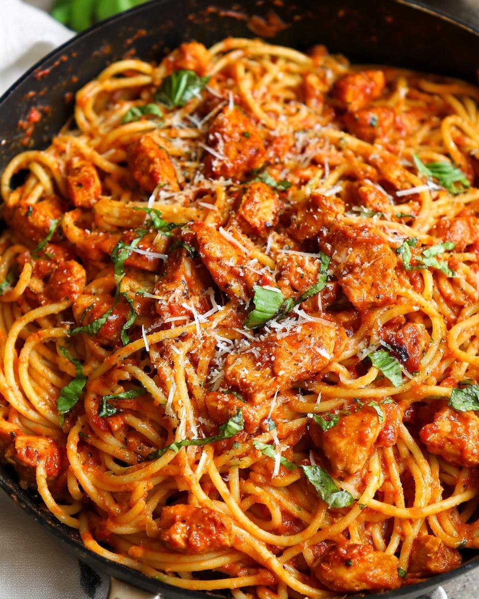 Close-up of Irresistible Creamy Tomato Basil Chicken Pasta in a skillet, garnished with basil and parmesan.