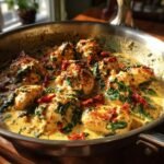 Close-up of Irresistible Creamy Tuscan Chicken Skillet with chicken pieces in a rich sauce with spinach and sun-dried tomatoes.