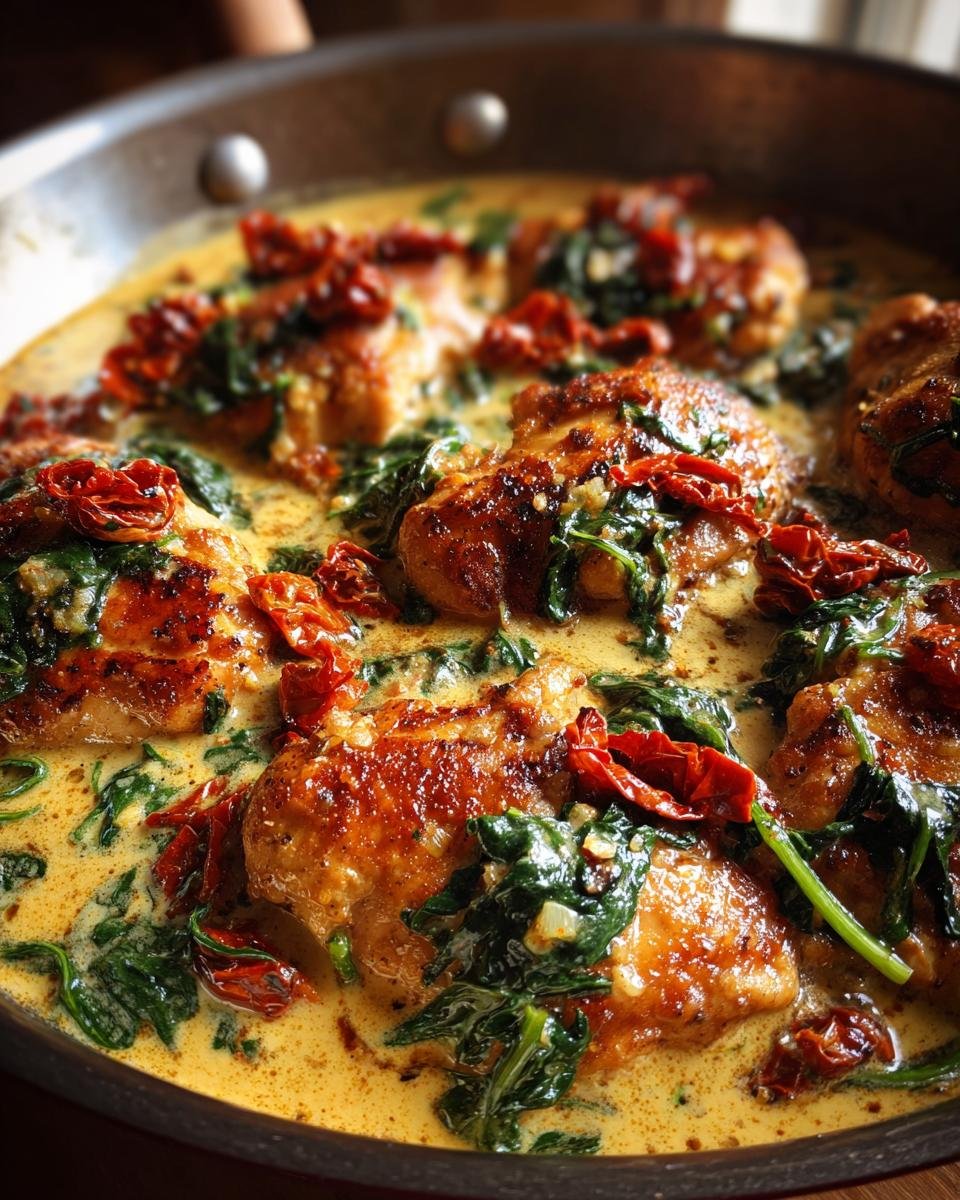 Close-up of Irresistible Creamy Tuscan Chicken Skillet with golden-brown chicken pieces, spinach, and sun-dried tomatoes in a rich sauce.