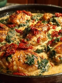 Close-up of Irresistible Creamy Tuscan Chicken Skillet with sun-dried tomatoes and spinach in a rich sauce.
