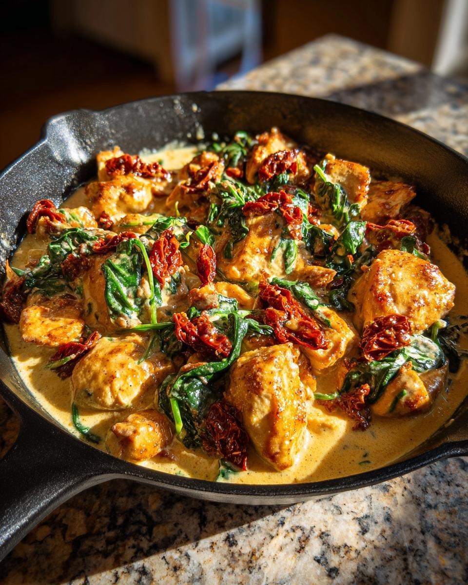 Close-up of Irresistible Creamy Tuscan Chicken Skillet with sun-dried tomatoes and spinach.