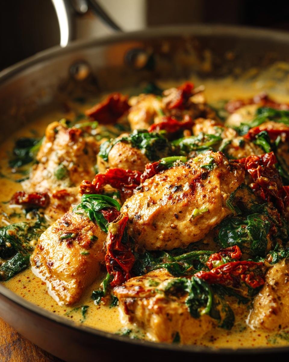 Close-up of Irresistible Creamy Tuscan Chicken Skillet with sun-dried tomatoes and spinach in a rich sauce.
