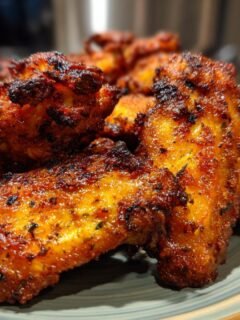 A pile of Irresistible Crispy Griddle Wings, coated in a reddish-brown spice rub and cooked to perfection.