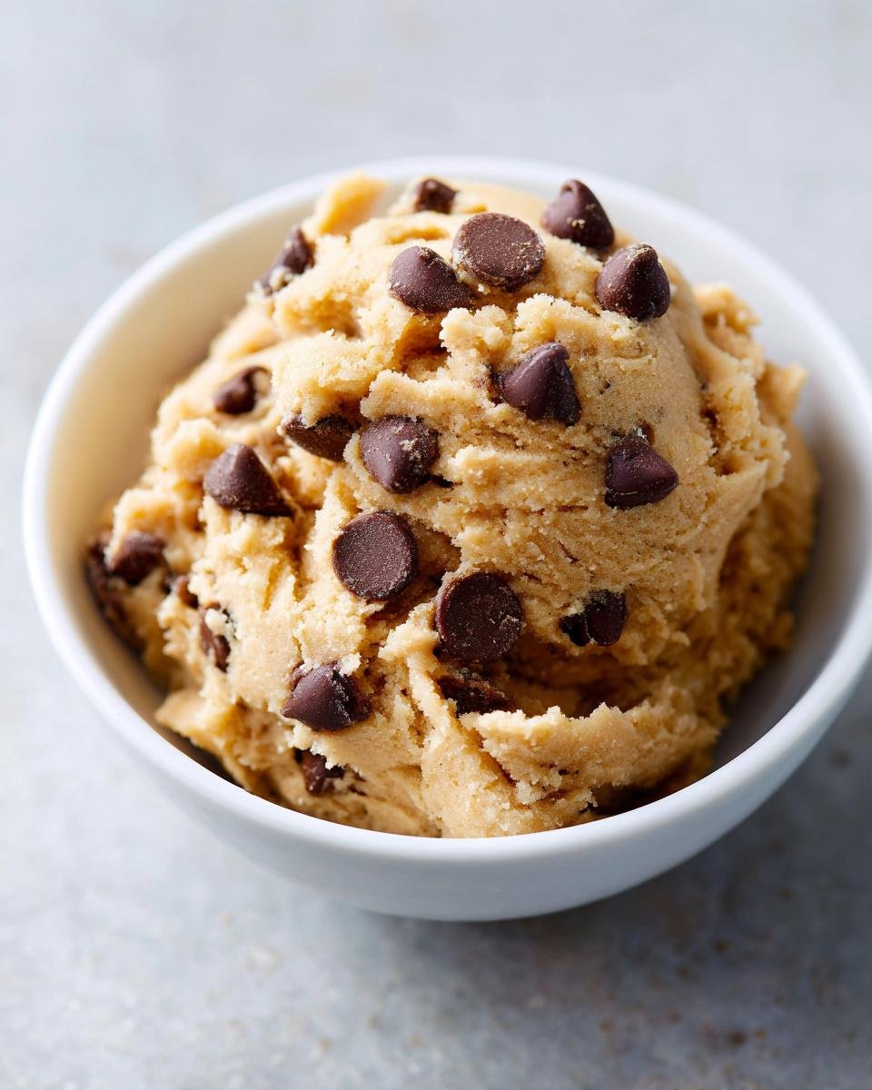 Close-up of a white bowl filled with irresistible edible cookie dough loaded with chocolate chips.