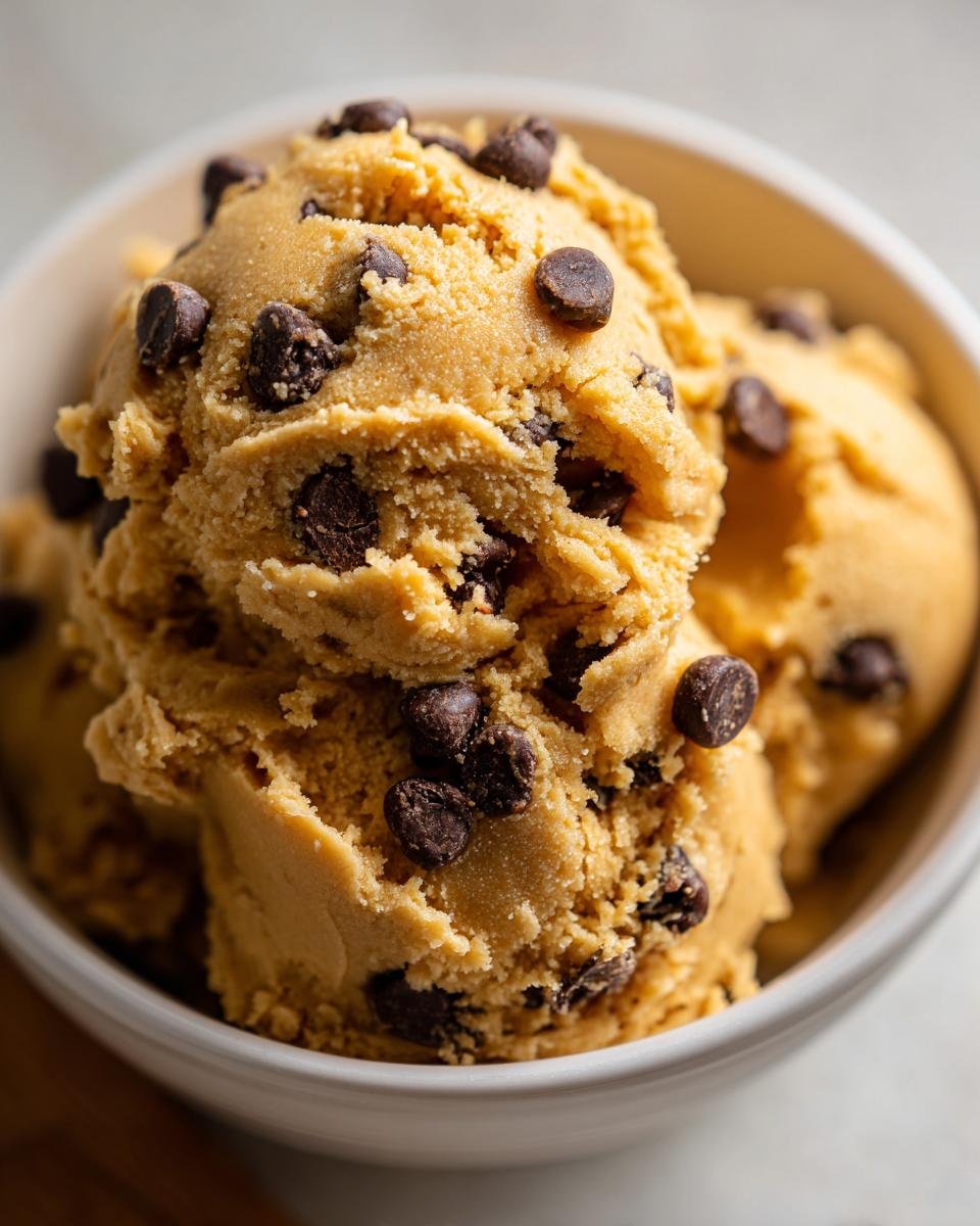 Close-up of a bowl filled with scoops of irresistible edible cookie dough, studded with chocolate chips.